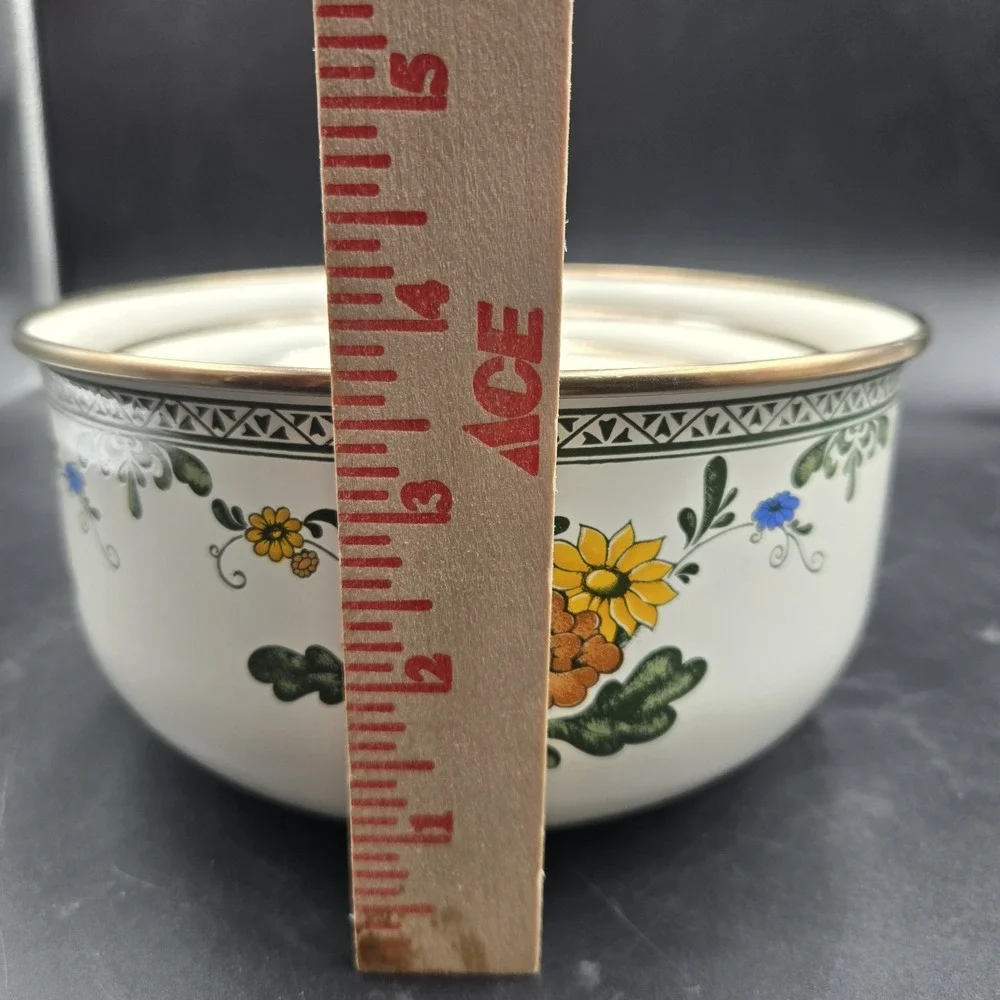 Vintage Enamel 3 Piece Flower Floral Nesting Bowl Set Metal Rim Grandmacore